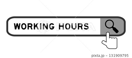 Search banner in word working hours with hand over magnifier icon on white background Search banner in word working hours with hand over magnifier icon on white background 131909795