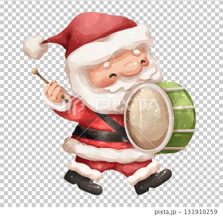 Watercolor cartoon illustration of santa claus playing a large green marching drum in christmas festive . Hand drawn digital painting . Transparency background . 131910259