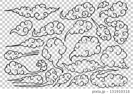 和風の雲アイコンセット｜モノクロ瑞雲・中華風デザイン・装飾素材 131910318