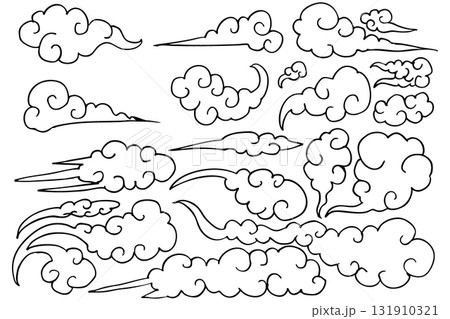 和風の雲アイコンセット｜モノクロ瑞雲・中華風デザイン・装飾素材 131910321