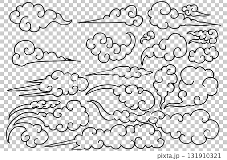 和風の雲アイコンセット｜モノクロ瑞雲・中華風デザイン・装飾素材 131910321