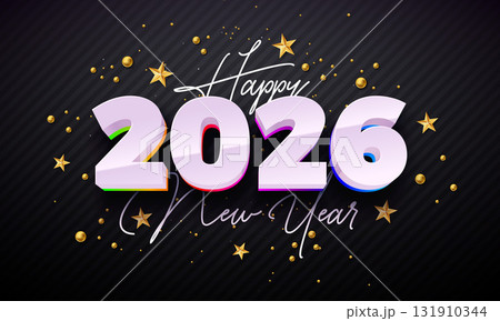 2026 Happy New Year Greeting Card Illustration with White 3D Number and Gold Christmas Stars on Black Background. Holiday Celebration Design with Typography Lettering for Calendar, Flyer, Banner 131910344