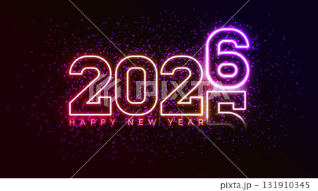 2026 Happy New Year Greeting Card Design with Glowing Neon Light Number and Typography Lettering on Dark Sparkle Background. Vector Christmas Holiday Season Illustration for Calendar, Celebration 2026 Happy New Year Greeting Card Design with Glowing Neon Light Number and Typography Lettering on Dark Sparkle Background. Vector Christmas Holiday Season Illustration for Calendar, Celebration 131910345