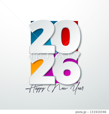 Happy New Year 2026 Logo Design with Paper Cutting Number and Colorful Elements on White Background. Christmas Holiday Greeting Card Illustration with Typography Lettering for Calendar, Flyer, Banner 131910346