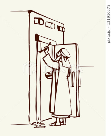 Vector drawing. The family fulfills God's command. Anoints the doorposts with the blood of the lamb Vector drawing. The family fulfills God's command. Anoints the doorposts with the blood of the lamb 131910375