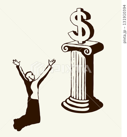 Vector drawing. Adult man worshiping money 131910394