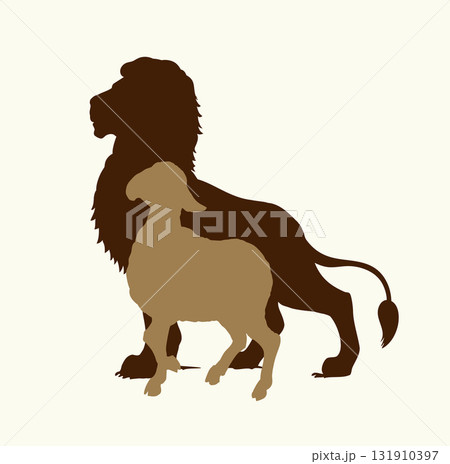 Vector drawing. Lion and lamb walks together 131910397