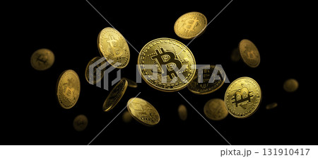 Golden Cryptocurrency Coins Floating Confidently Against a Dark Background Atmosphere 131910417