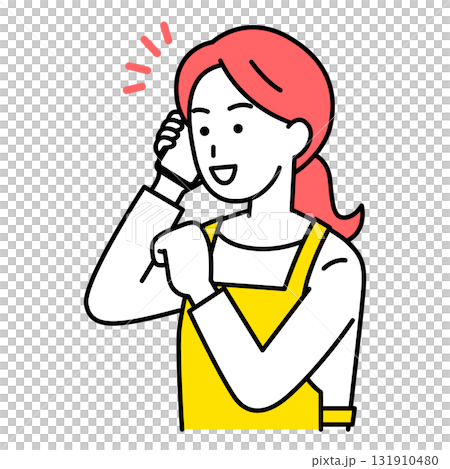 A woman in an apron happy to talk on her smartphone A woman in an apron happy to talk on her smartphone 131910480