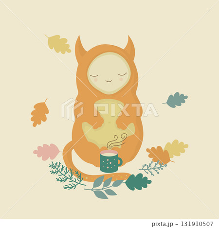 Illustration of a cute monster in the autumn forest, cozy picnic, tea party 131910507