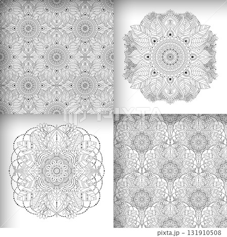 Floral mandala and seamless patterns in black and white, oriental, ethnic motifs 131910508