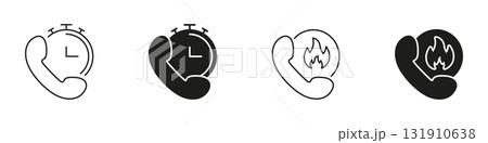 Phone With Stopwatch And Fire Solid Icon Set. Urgent Call Timing And Emergency Communication Silhouette Symbol Collection. Time-Sensitive And Critical Response. Isolated Vector Illustration 131910638
