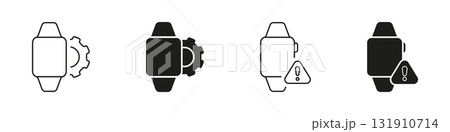 Smartwatch With Gear And Alert Icon Set. Device Configuration And System Warning Outline And Silhouette Symbol Collection. Technology And Notification Management. Isolated Vector Illustration 131910714
