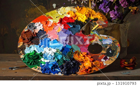 カラフルな油絵具が並ぶアーティストのパレット2 131910793