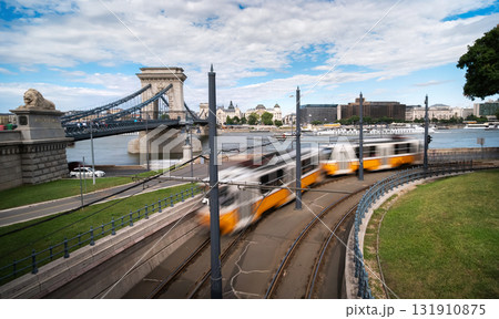Retro Tram Crossing Budapest Center With Chain Bridge Over The Danube 131910875