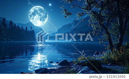 満月が映る静かな湖と山々が織りなす幻想的な夜景4 満月が映る静かな湖と山々が織りなす幻想的な夜景4 131911091