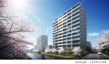 分譲マンションと満開の桜 131911199