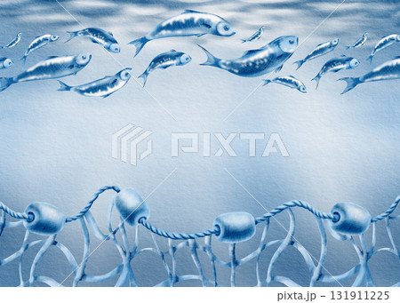 Horizontal marine template buoys made of foam on a twisted rope with a fishing net,sardine fish swimming in a shoal.Monochrome watercolor illustration for marine-themed parties and fish restaurants Horizontal marine template buoys made of foam on a twisted rope with a fishing net,sardine fish swimming in a shoal.Monochrome watercolor illustration for marine-themed parties and fish restaurants 131911225