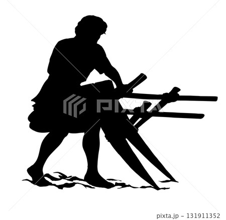 Vector drawing. Man with old wooden plow 131911352