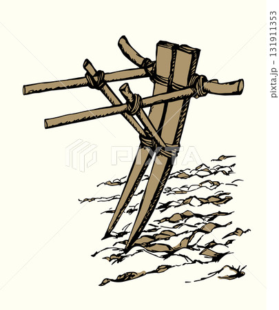 Vector drawing. Old wooden plow 131911353