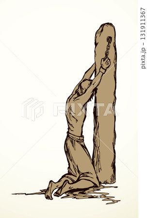 Vector drawing. Beaten man tied to a pole 131911367