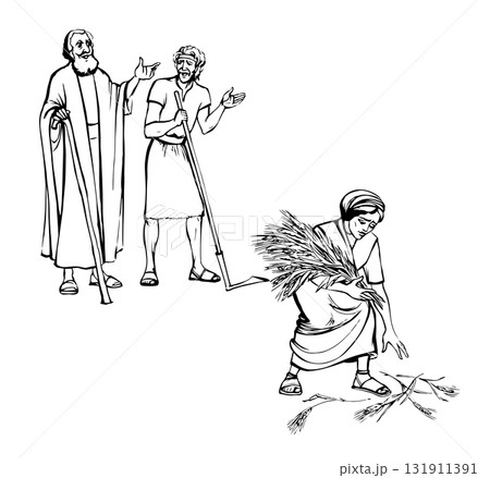 Vector drawing. Ruth and Boaz in the field Vector drawing. Ruth and Boaz in the field 131911391