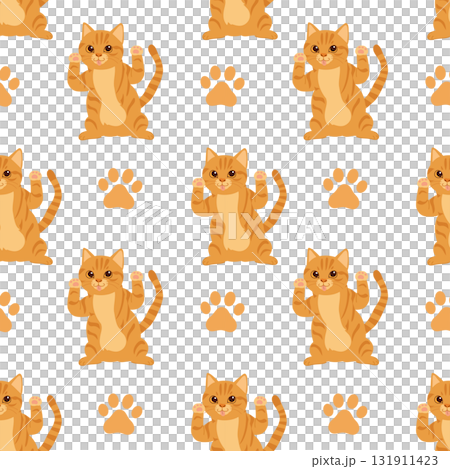 seamless orange cat pattern with kawaii waving kittens and paw prints for nursery background and pet lovers theme seamless orange cat pattern with kawaii waving kittens and paw prints for nursery background and pet lovers theme 131911423