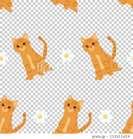 seamless orange cat pattern  with smiling kittens and flowers for digital paper and cute stationery design 131911424
