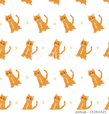 adorable orange kitten pattern with white flowers seamless cute cartoon design for fabric wrapping paper and home decoration. adorable orange kitten pattern with white flowers seamless cute cartoon design for fabric wrapping paper and home decoration. 131911425