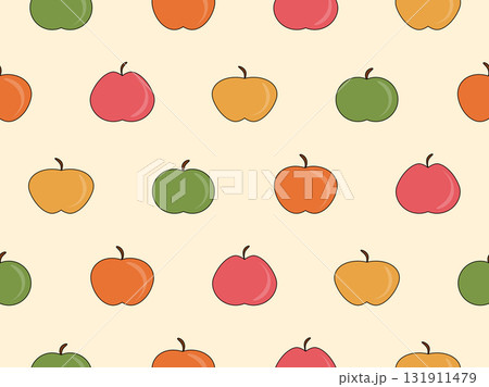 Seamless pattern with apple silhouettes in flat style. Apples in a retro color palette with a black outline. Design for printing on fabric, banners, and promotional items. Vector illustration 131911479