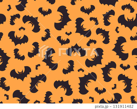 Seamless pattern with flying bats for Halloween decor. Black bat silhouettes on an orange background. Scary background with bats for printing on fabric and paper. Vector illustration 131911482