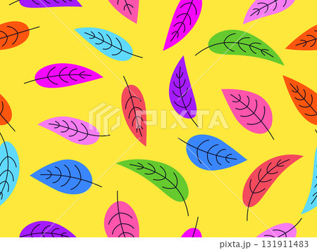Seamless pattern with leaves in a bright color palette. Autumn background with leaves in a simple style. Autumn falling leaves for print, banners, and wrapping paper. Vector illustration Seamless pattern with leaves in a bright color palette. Autumn background with leaves in a simple style. Autumn falling leaves for print, banners, and wrapping paper. Vector illustration 131911483