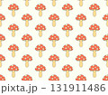 Mushrooms seamless pattern. Mushrooms on a stem. Amanita mushroom with dots on the cap. Background with fly agarics or wallpapers, covers, wrappers and banners. Vector illustration 131911486