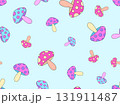 Mushrooms seamless pattern. Mushrooms on a stem. Amanita mushroom with dots on the cap. Background with fly agarics or wallpapers, covers, wrappers and banners. Vector illustration 131911487
