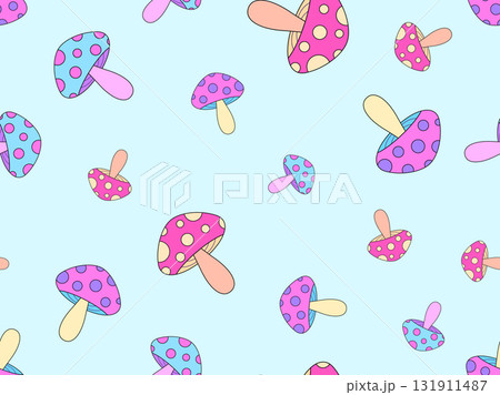 Mushrooms seamless pattern. Mushrooms on a stem. Amanita mushroom with dots on the cap. Background with fly agarics or wallpapers, covers, wrappers and banners. Vector illustration Mushrooms seamless pattern. Mushrooms on a stem. Amanita mushroom with dots on the cap. Background with fly agarics or wallpapers, covers, wrappers and banners. Vector illustration 131911487