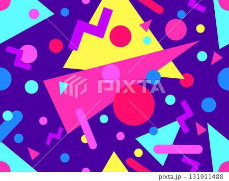 Geometric seamless pattern with memphis elements in 80s style. Colorful pattern with different geometric shapes. Design for packaging, covers, wrapping and promotional products. Vector illustration 131911488