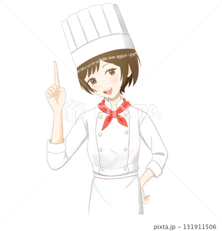 透明背景の笑顔で指をさす女性パティシエキャラクターイラスト 131911506