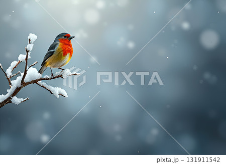 red-breasted robin perched on snow-covered branch in winter bokeh scene, decorative background red-breasted robin perched on snow-covered branch in winter bokeh scene, decorative background 131911542