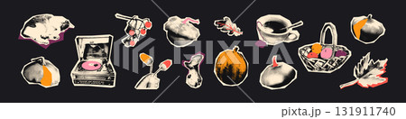 Autumn halftone art collage cut outs set. Various cozy fall paper clipping shapes, stickers with vintage dotted texture and doodles. Modern retro grunge mixed media vector illustration 131911740