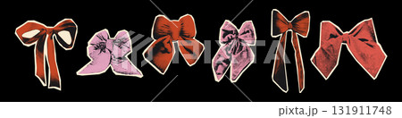 Bows and decorative ribbons halftone art collage cut outs set Red and pink paper clippings Vintage dotted stickers for Christmas and Valentine's day mixed media design Modern retro vector illustration 131911748