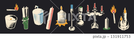 Candles halftone art collage cut outs set. Various paper clippings, burning match, melted stubs, candelabra with vintage dotted texture and doodles. Modern retro grunge mixed media vector illustration Candles halftone art collage cut outs set. Various paper clippings, burning match, melted stubs, candelabra with vintage dotted texture and doodles. Modern retro grunge mixed media vector illustration 131911753