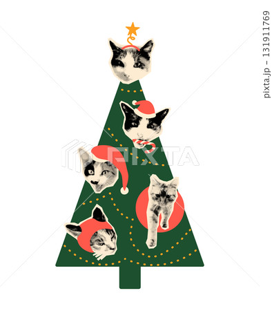 Art collage cut out of Christmas tree decorated with halftone cats in Santa hats as ornaments. Feline Xmas tree. Modern retro mixed media vector illustration isolated on transparent background 131911769