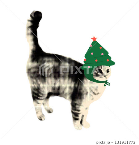 Christmas art collage clipart. Funny halftone cut out cat wearing Christmas tree hat with ornaments. Vintage dot sticker, Modern retro grunge mixed media vector illustration on transparent background 131911772