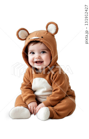 Baby Animal Costume. An adorable baby wearing a brown animal costume with ears sits and smiles happily, looking at 131912427