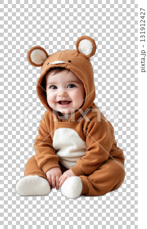 Baby Animal Costume. An adorable baby wearing a brown animal costume with ears sits and smiles happily, looking at 131912427