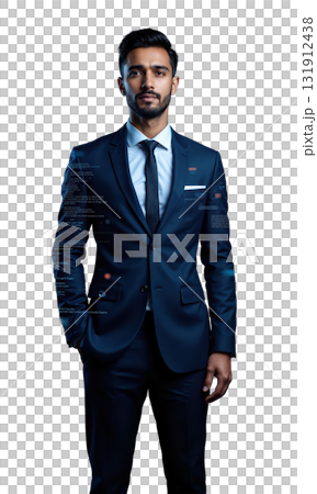 A South Asian male entrepreneur in a dark blue suit, standing confidently as virtual financial systems and digital business strategies 131912438