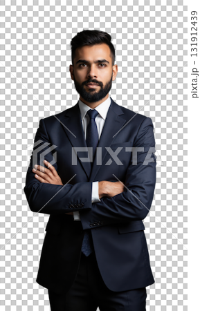 A South Asian businessman, standing confidently with arms crossed, his gaze firm and thoughtful, symbolizing the strength, intelligence, and leadership 131912439