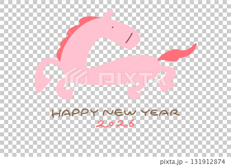 可愛、流行的手繪新年賀卡，以奔跑的粉紅色駿馬為特色。 2026。手寫文字。 131912874
