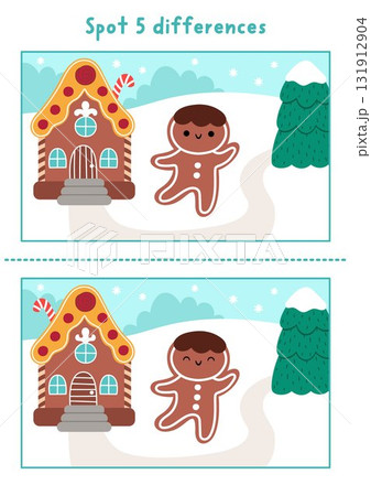 Christmas find differences game for children. Winter holiday educational activity with gingerbread scene. Cute puzzle for kids with funny New Year character. Printable worksheet, page Christmas find differences game for children. Winter holiday educational activity with gingerbread scene. Cute puzzle for kids with funny New Year character. Printable worksheet, page 131912904