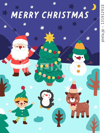 Vector vertical Christmas village landscape. New Year night scene with animals and Santa Claus around fir tree, presents. Festive winter holiday background, postcard, poster or book cover for kids 131912918
